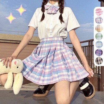 SISI【E21006】(上衣+短裙+領結)三件式套裝-高質感日本蘿莉夢幻校園制服格紋蝴蝶節短袖襯衫上衣高腰調節釦百褶裙