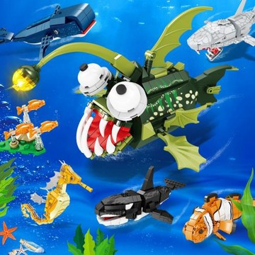 開智積木兒童益智拼裝拼圖鯨魚鯊魚海洋動物海馬拼插玩具