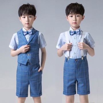 男童夏款西裝套裝三件套短袖襯衫演出服背帶褲春秋款六一活動禮服