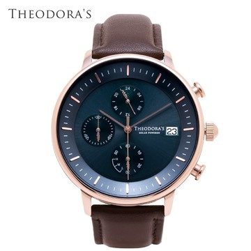 【THEODORA'S】Mercury 太陽能真皮手錶 三眼湖水綠-真皮深棕【希奧朵拉】