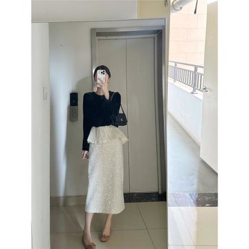 小香風今年流行漂亮套裝裙女秋冬金絲絨上衣亮片包臀半身裙兩件套