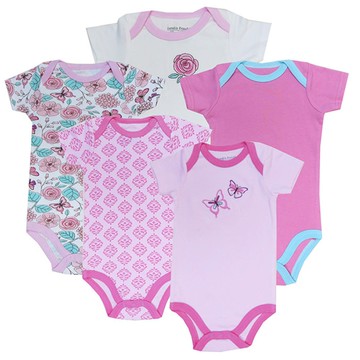 美國 Luvable Friends - 甜蜜寶貝嬰幼兒短袖包屁衣5件組-玫瑰花蝴蝶