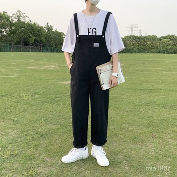 港風工裝背帶褲男夏季薄款青少年休閒弔帶褲國潮牌寬鬆九分連體褲 BGEH