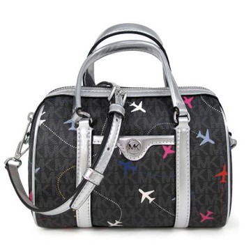 MICHAEL KORS 銀字小圓標Logo飛機印花防刮波士頓兩用包(黑色/小)