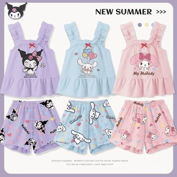 👕女童睡衣套裝👕女童背心弔帶睡衣 女童庫洛米睡衣 蝴蝶結睡衣 小女孩印花公主兒童夏季薄款無袖傢居服套