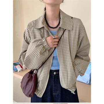 2024冬季browncode時尚百搭簡約氣質翻領格子拉鏈棉料女襯衫外套