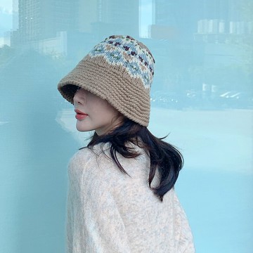 帽子女秋冬季毛線帽風花紋手工針織保暖帽卷邊盆帽韓國撞色漁夫帽1入