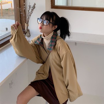 復古休閑格紋翻領夾克風衣外套+高腰顯瘦A字半身裙套裝女1入