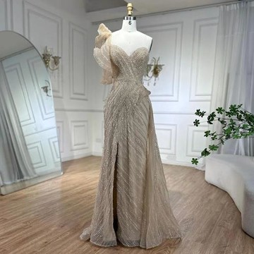 【女神婚紗禮服】輕奢立體單肩無袖心領開叉罩紗魚尾晚禮服LA72389裸膚色