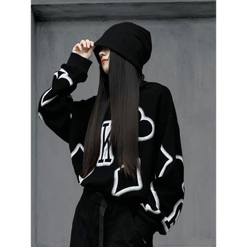 多福貓原創潮牌春季黑色設計感休閑運動衛衣女2025年新款上衣寬松