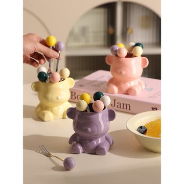 可愛水果叉高級感家用304不銹鋼叉子收納罐藝術水果簽甜品叉果插