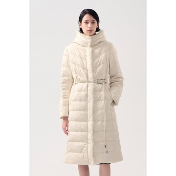 AVVJOY毛邊長版羽絨外套精緻的毛鑲邊獨特腰帶扣環長版保暖