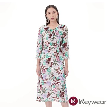 【KeyWear 奇威名品】印花荷葉收腰七分袖洋裝 綜合色