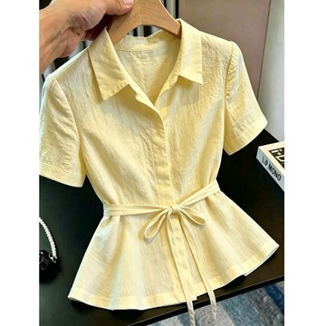 POLO領襯衫女 上衣 襯衫 襯衣 短袖衫 粉色短袖襯衫女新款夏季韓系收腰綁帶襯衣獨特漂亮巨好看可愛上衣 韓版女裝