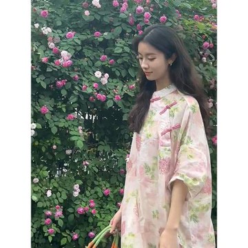 新中式國風印花棉麻連衣裙夏季2025新款立領盤扣襯衫女中長款上衣