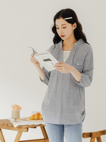 純棉直條紋蕾絲拼接長版上衣