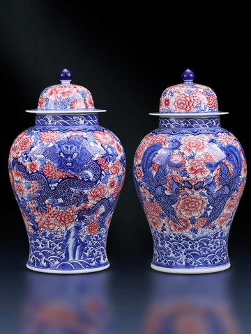 景德鎮陶瓷擺件手繪釉里紅龍鳳青花瓷將軍罐大號中式電視柜裝飾品