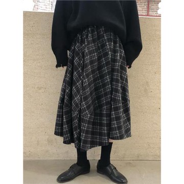 JOENG 2025冬復古松緊羊毛呢格子半身裙中長款拼接花苞蓬蓬a字裙