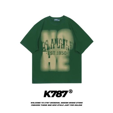 K787美式復古噴漆印花涂鴉短袖T恤男女休閑寬松純棉百搭情侶上衣