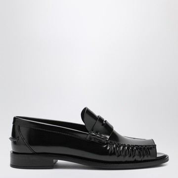 Black brushed leather peep-toe loafers