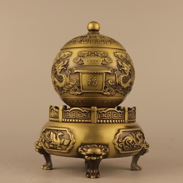 【熱賣】2023新款黃銅香爐擺件銅雙龍戲珠香薰爐家居裝飾金屬工藝品銅香爐