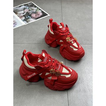 真皮老爹鞋女ins潮2025新款春秋小個子百搭厚底增高紅色運動婚鞋