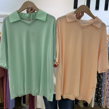夏季polo領t恤短袖A-8薄款翻領寬松慵懶風純色打底衫上衣女
