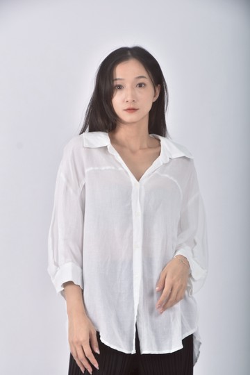 (L) navy burst質感V領白色長袖上衣