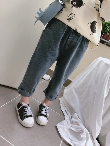 春秋季新款 中小童百搭高腰松緊牛仔褲 兒童帥氣寬松休閑褲1入