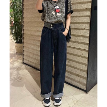 秋季新款高腰牛仔褲女兩粒扣拼接撞色設計感顯瘦直筒闊腿褲潮