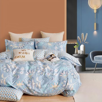 Pure One 雙人床包組 - 純棉 5*6.2(150*186cm) 美式信封枕套45x75cm 台灣製  浮生繪夢 藍色  1件