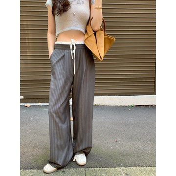 【太妮絲A136】現貨 韓系 復古 抽繩 高腰 條紋褲 拼接 休閒長褲 寬褲 長褲 撞色 拼接 線條 條紋 西裝褲 西褲