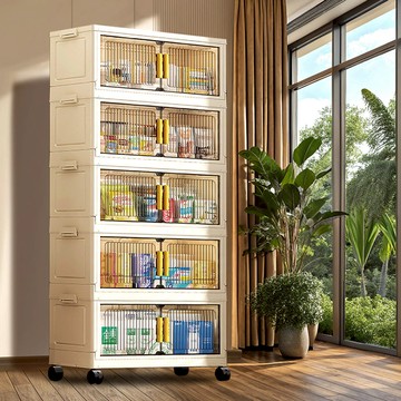 60面寬豎紋摺疊磁吸雙開門五層收納櫃-附滑輪 兩款可選 024492 60面寬【五層-透黑+不透明面板】