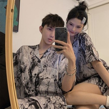 【買一送一】冰絲睡衣 情侶睡衣 男士睡衣 女夏季短袖睡衣 絲綢睡衣 家居服套裝 夏天睡衣 短袖睡衣 睡衣短袖 冰絲短袖睡