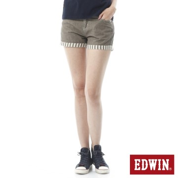 EDWIN 女裝 MISS 503反摺條紋棉麻短褲-咖啡