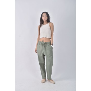 (XL) lativ高腰質感棉質純棉綠色長褲二手衣