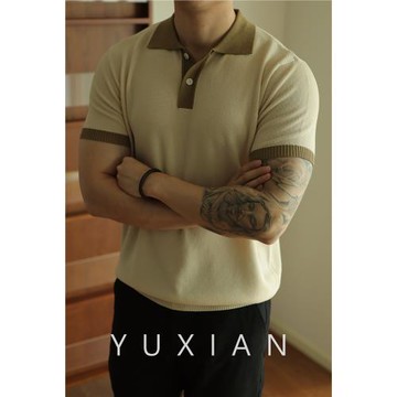 YUXIAN余閑復古拼色針織Polo衫T恤短袖翻領港風寬松美式男士春夏