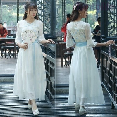 スピーカースリーブ漢服改良ワンピース チャイナワンピース復古刺繍文芸仙女ワンピース 日常リゾート海ワンピ 中国民族風ワンピース二 通販 Lineポイント最大get Lineショッピング