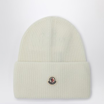 White wool beanie with logo patch