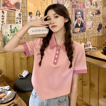 大碼polo領短袖t恤女2022年新款夏季胖MM不規則短款正肩顯瘦上衣