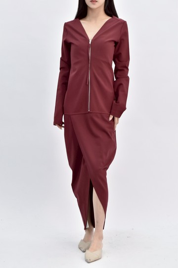 (S) zia zhang棉質拉鍊長袖紅色洋裝