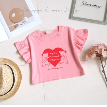 韓系短版愛心熊熊好事發生棉質短袖上衣 春夏童裝 女童上衣 女童短袖 女童棉T 女童T恤 短袖上衣