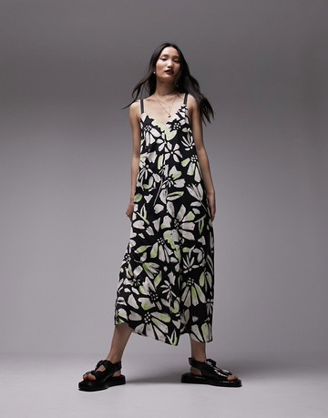 Topshop premium viscose twill graphic floral contrast stitch chuck on midi dress-Multi