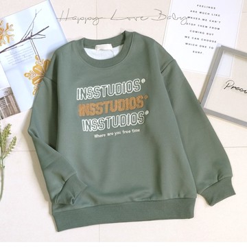 男大童 厚款 個性英文毛線繡軍綠厚磅寶寶絨上衣 秋冬童裝 大童上衣 大童長袖 男大童長袖 刷毛