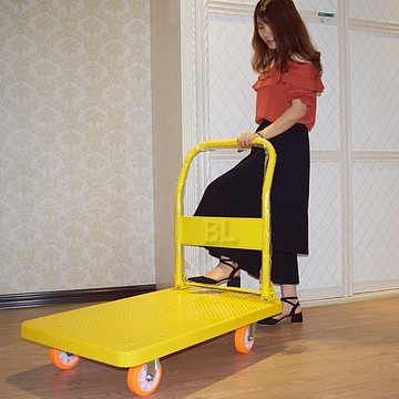 橙黃膠板工具手推車小拉車家用靜音四輪拉貨平板搬運折疊倉庫物流
