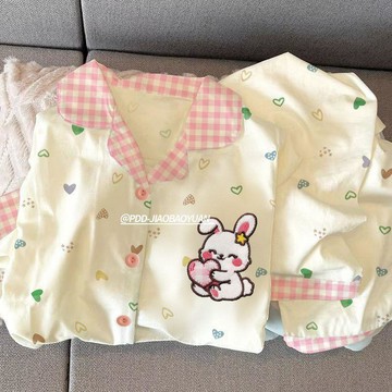 精品來襲 睡衣 可愛兔子ins韓版甜美少女粉格子睡衣長袖套裝女春秋網紅風家居服
