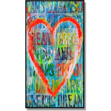 大型抽象彩色心形畫布繪畫，色彩繽紛，鼓舞人心的藝術