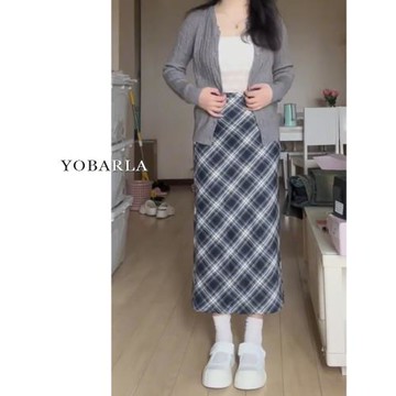 格子半身裙女秋季大碼胖mm高腰顯瘦梨形身材遮肚子中長款a字裙子