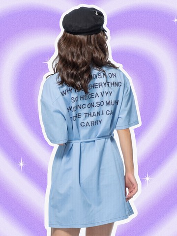 撞色後背印字短袖多用途洋裝-紫色