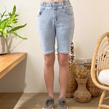 Hana-Mokuba花木馬日系女裝鬆緊腰簡約牛仔短褲_淺藍牛仔